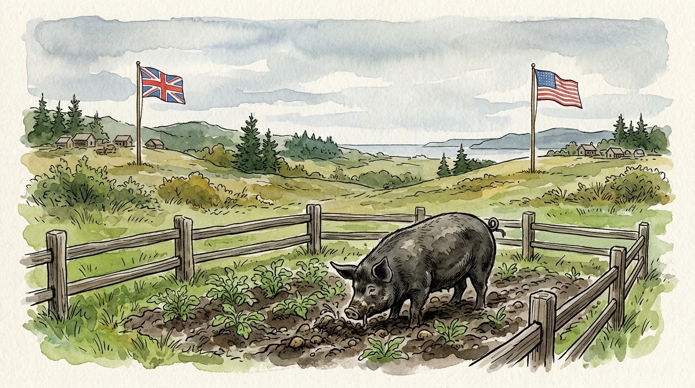 An ink and watercolor illustration of a black pig rooting in a potato garden with British and American flags flying in the background.