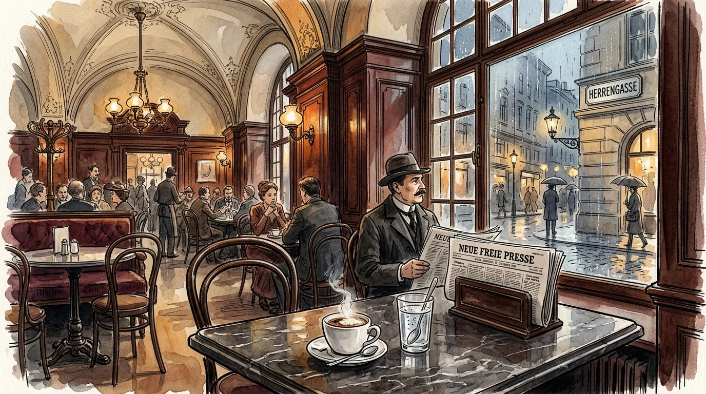 An ink and watercolor illustration of a classic 1913 Viennese café interior with a coffee cup, newspaper, and a street sign visible outside.