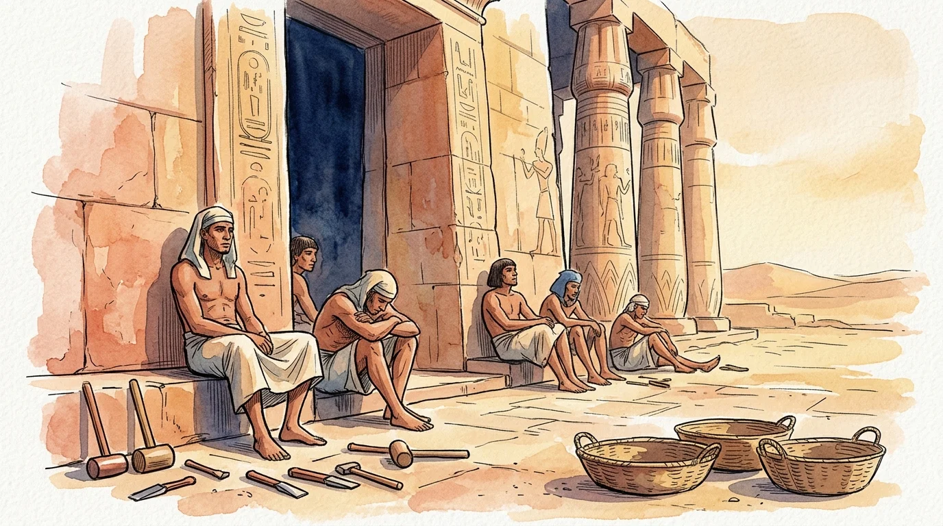 An ink and watercolor illustration of ancient Egyptian artisans sitting in protest outside a stone temple entrance, chisels laid on the grou