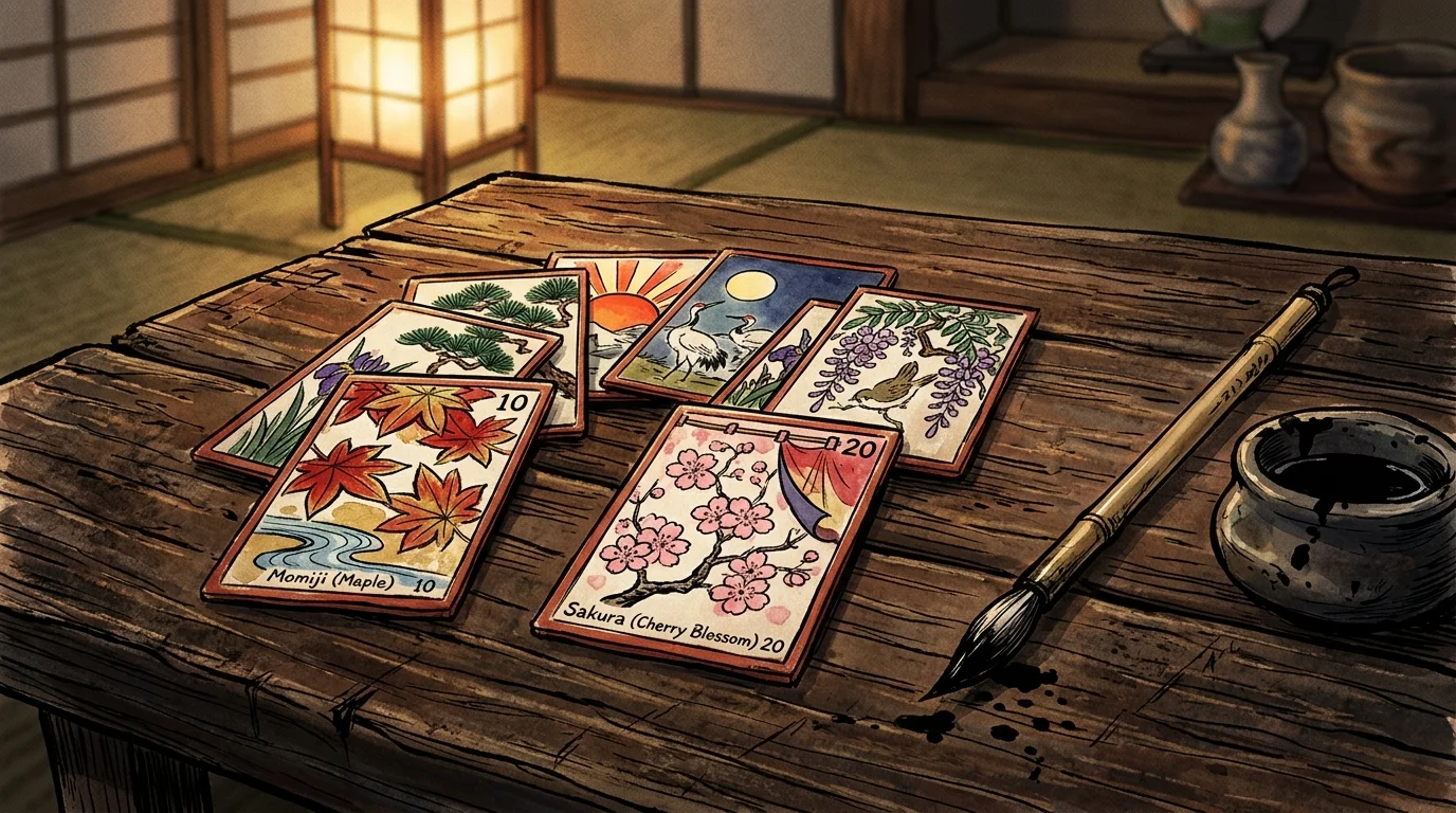 An ink and watercolor illustration of hand-painted Japanese Hanafuda playing cards spread on a wooden table with a paintbrush and ink.