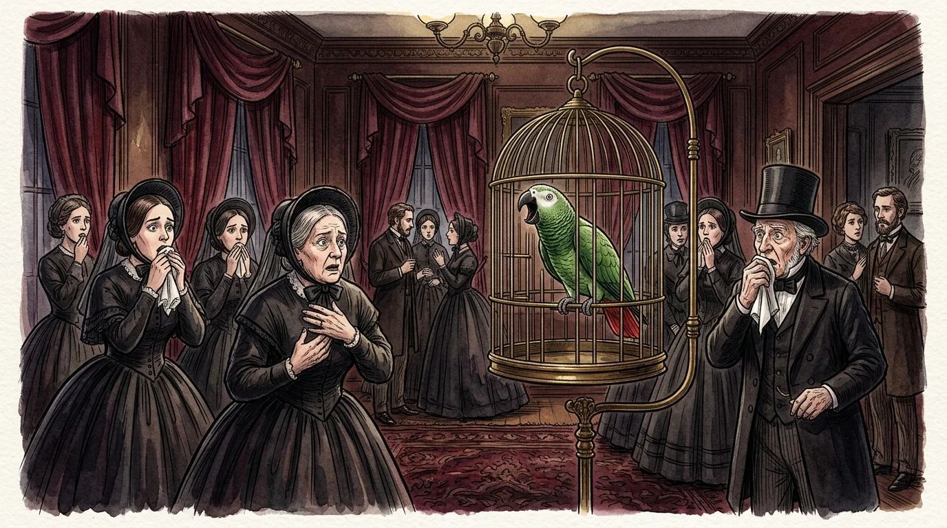 An ink and watercolor illustration of shocked Victorian mourners looking at a green parrot screeching inside its brass cage.