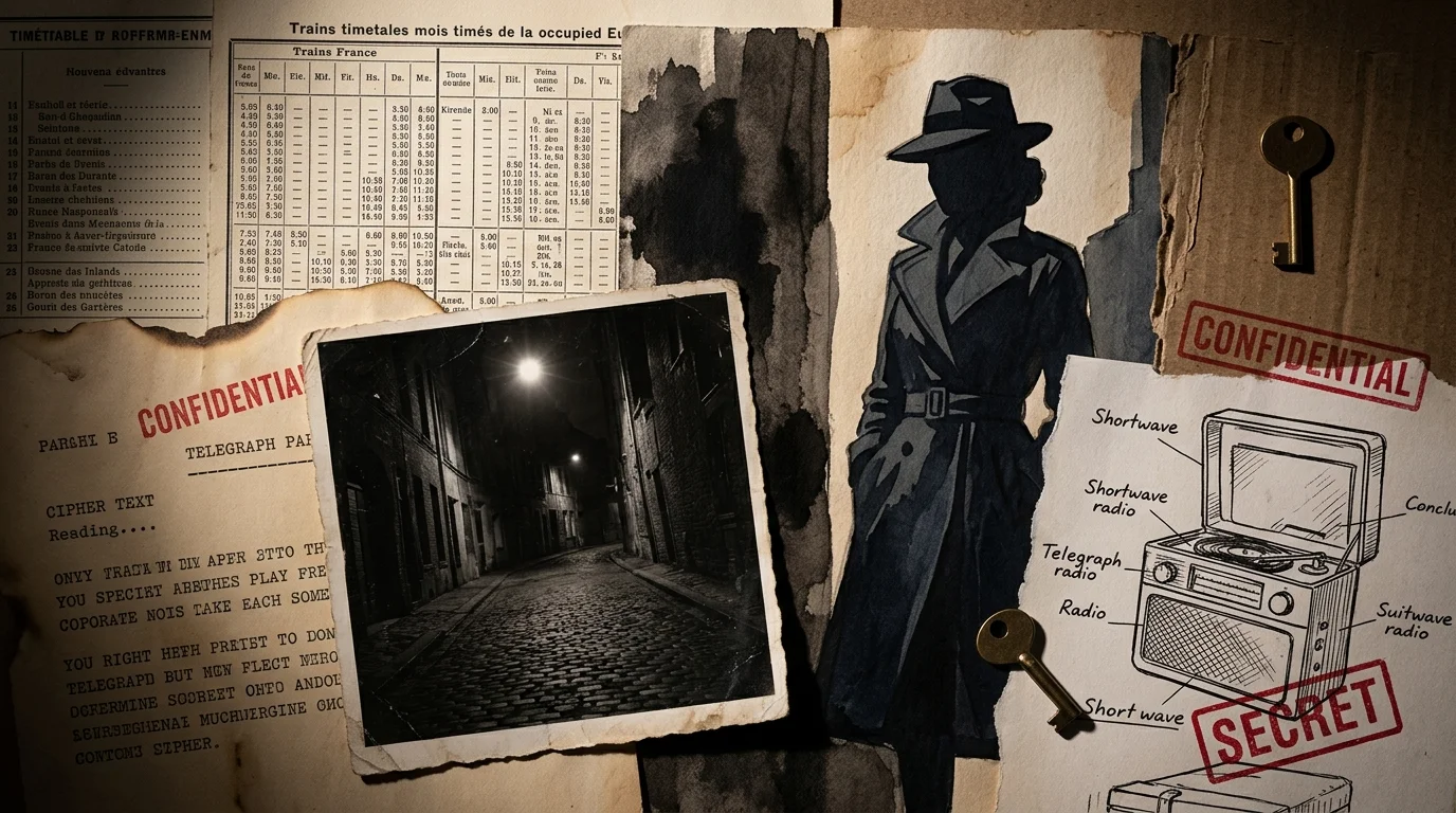 Espionage-themed collage featuring vintage French transit maps, encrypted telegraphs, a suitcase radio diagram, and shadows of a female oper
