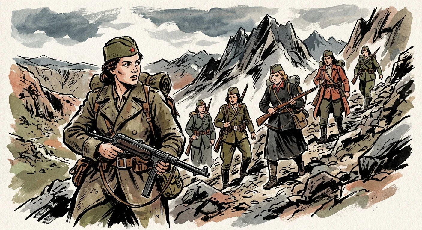 Ink and gouache illustration of Yugoslav female partisan fighters carrying weapons through a rugged mountain pass.