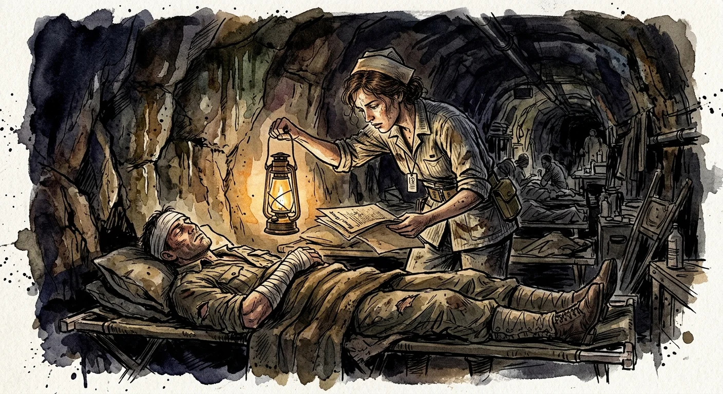 Ink and watercolor illustration of a military nurse tending to a soldier by lantern light inside a dark, humid tunnel hospital.