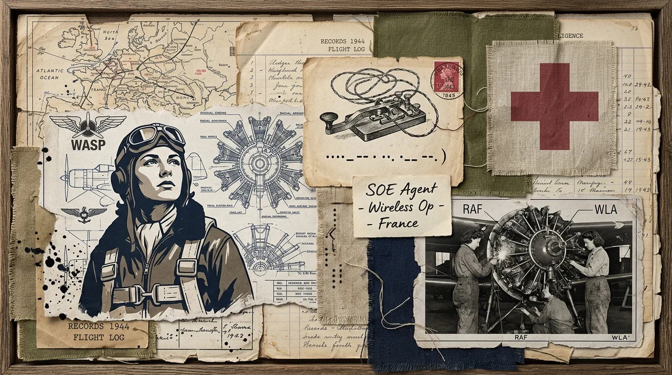 Mixed media collage layering historical maps, aviation blueprints, and silhouettes of female WWII pilots and medical personnel on aged paper