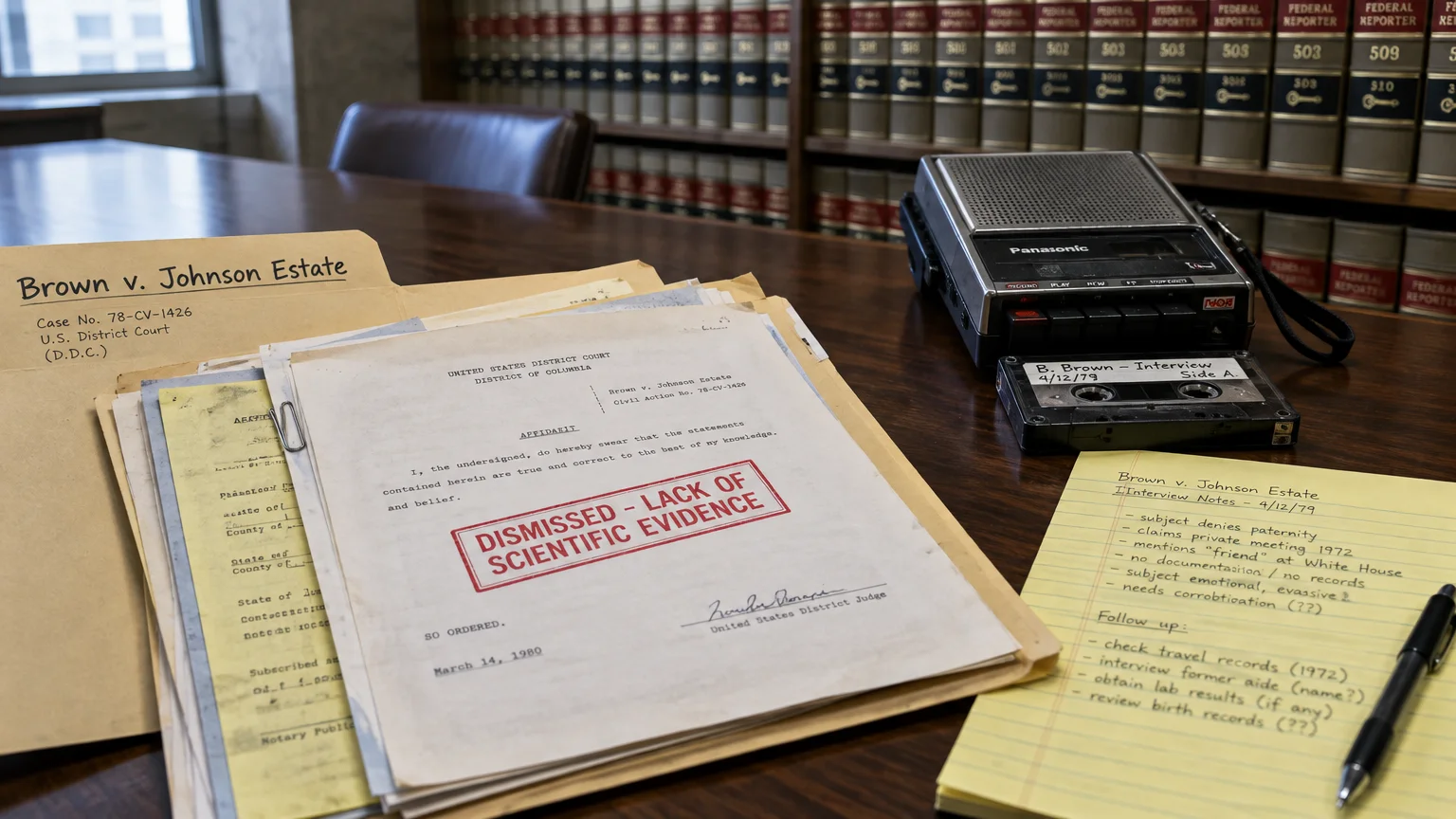 Legal folder marked Brown v. Johnson Estate stamped dismissed, beside a tape recorder and handwritten notes on a desk.