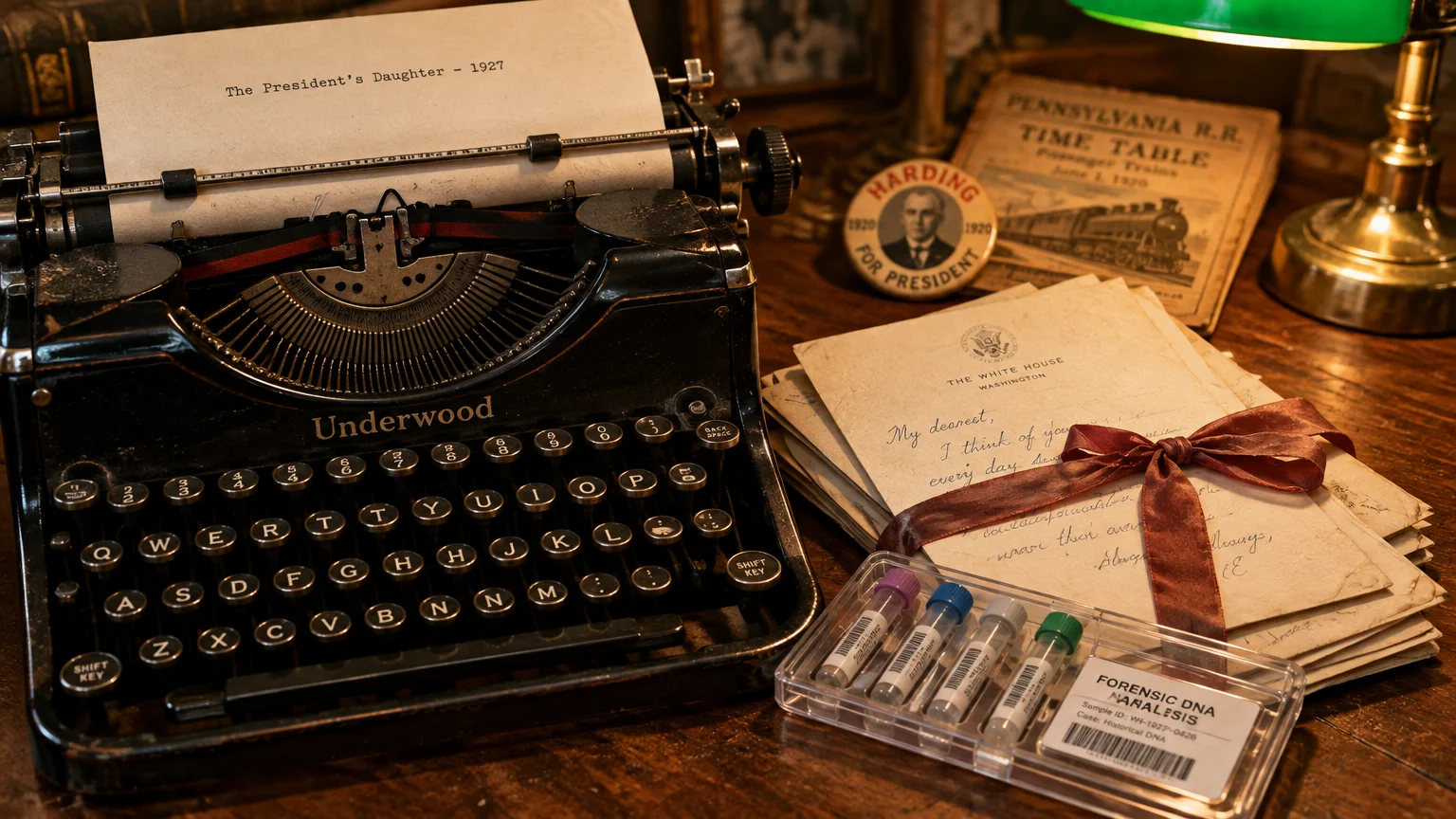 Vintage typewriter with typed paper, White House letters tied with ribbon, campaign pin, and forensic DNA sample vials.
