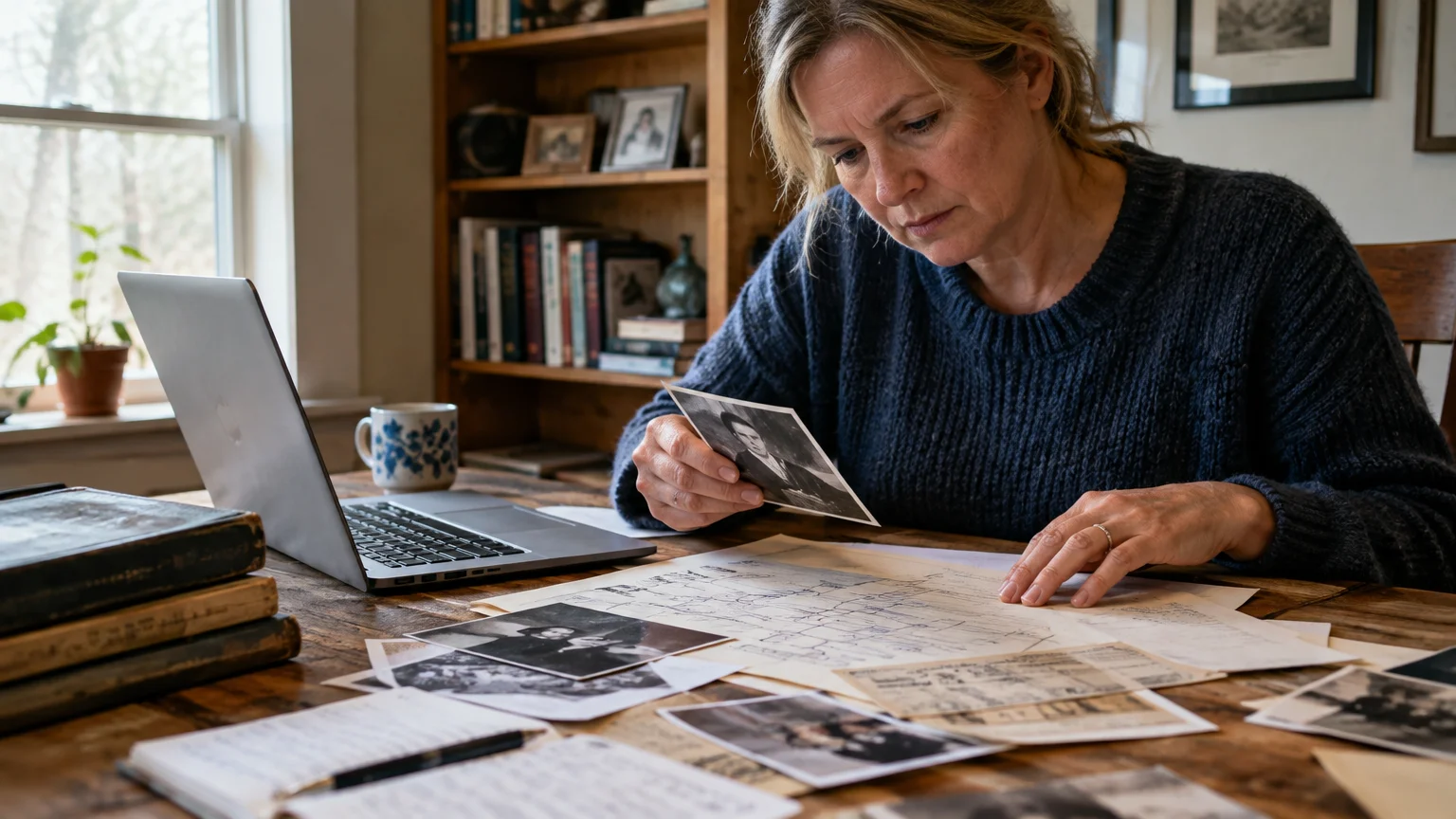 A woman sitting at a wooden table examines an old black-and-white photograph alongside documents and a laptop.