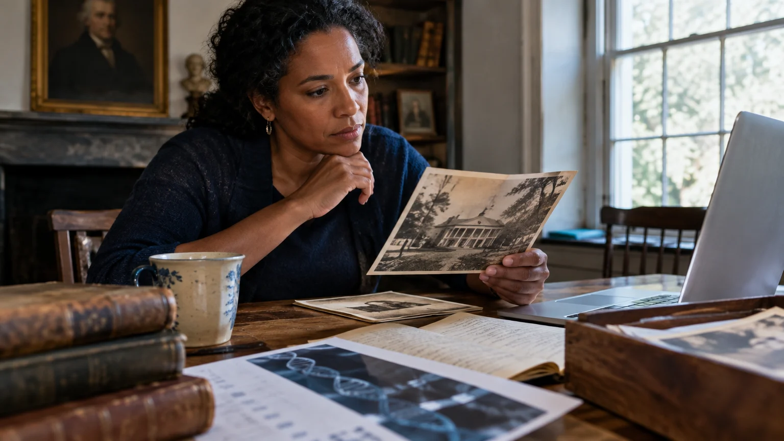 A woman sits at a wooden desk with a laptop, looking at old photographs and historical documents next to DNA printouts.