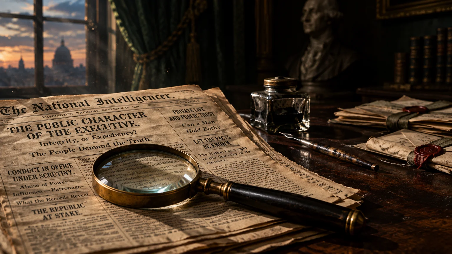 Vintage newspaper on a desk with a magnifying glass, inkwell, pen, and sealed letters by a window.