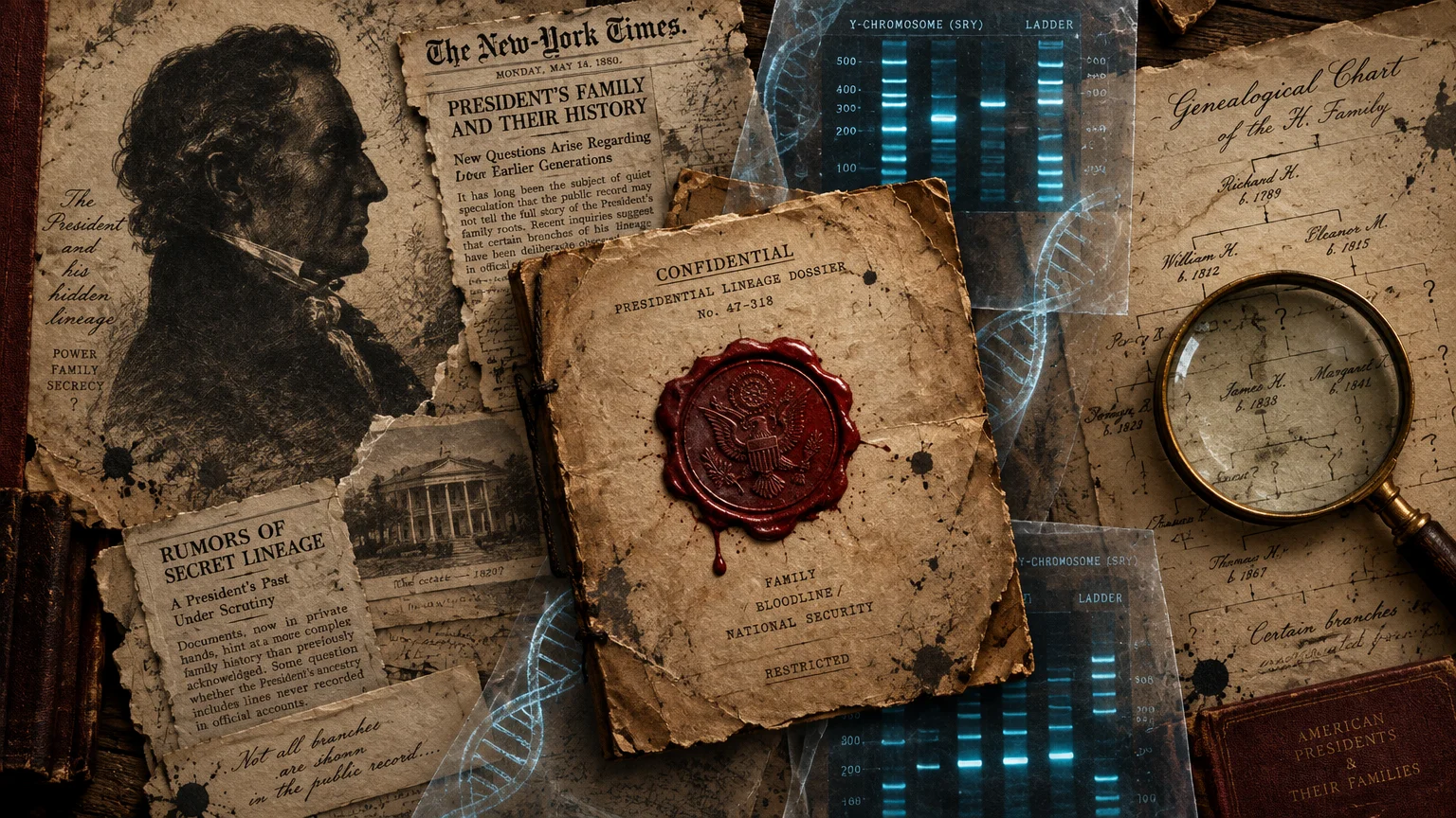 Mixed media collage of vintage presidential documents, wax-sealed dossier, genealogical chart, magnifying glass, and DNA scans.