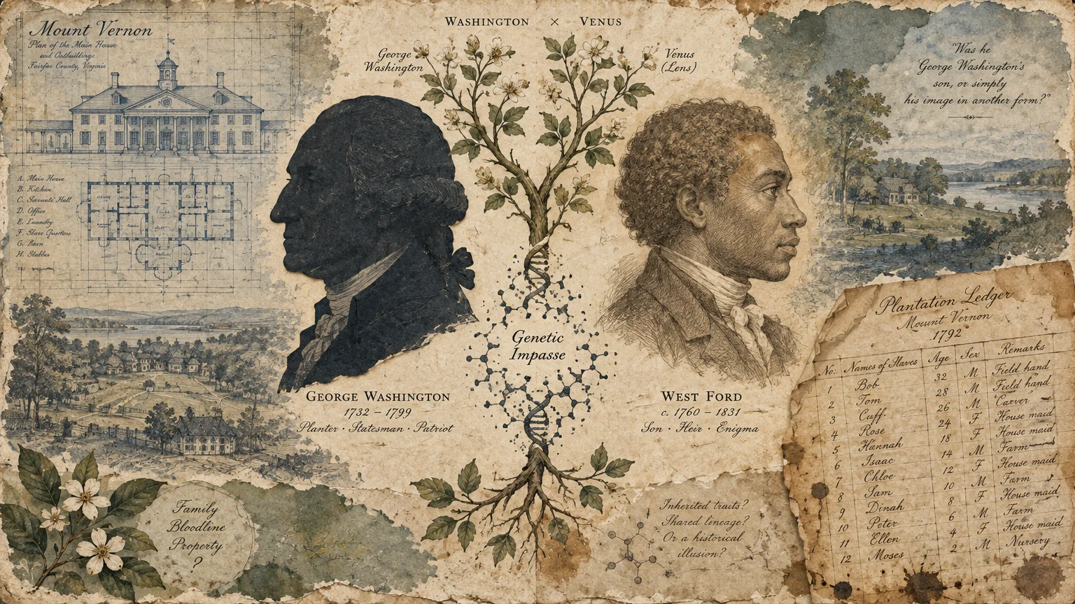 Mixed-media collage with profile portraits of George Washington and West Ford flanking a DNA tree diagram and documents.