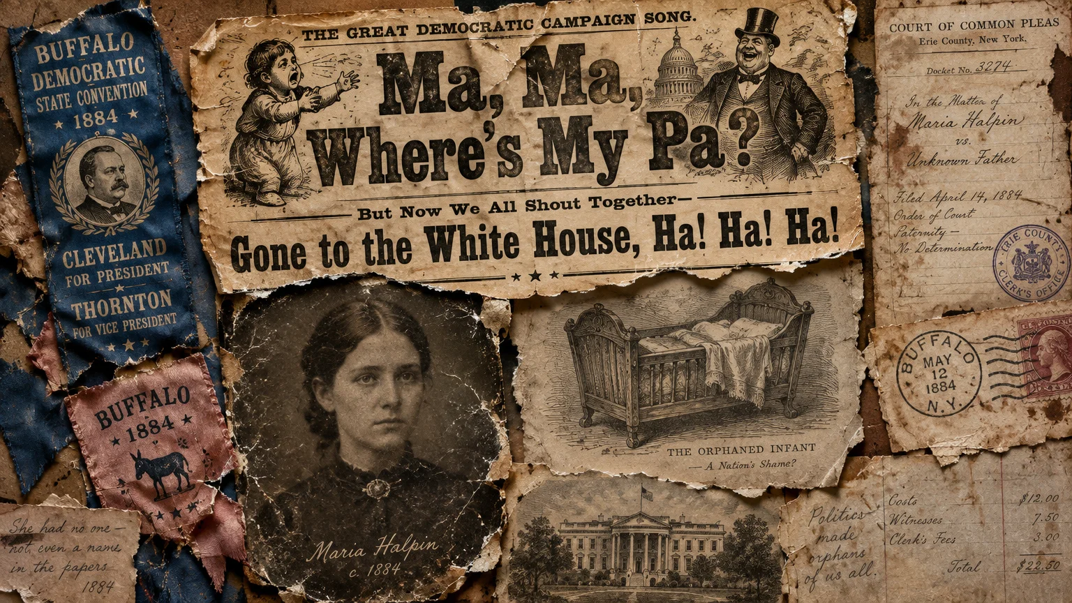 Collage featuring an 1884 campaign song sheet, a portrait of Maria Halpin, campaign ribbons, and vintage legal papers.