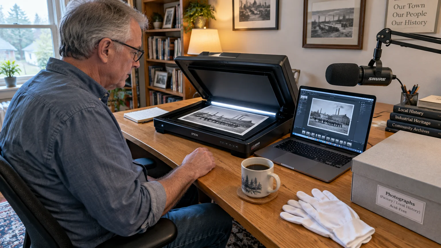 A man scans an archival black-and-white photograph beside a laptop, microphone, coffee mug, and white handling gloves.