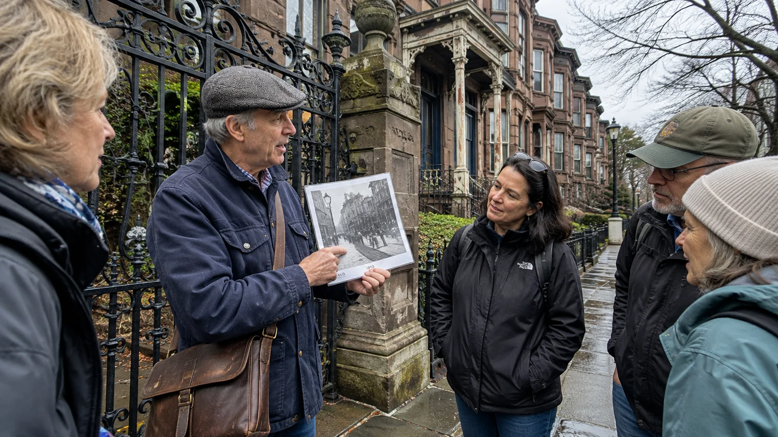 A tour guide in a flat cap holds an old photograph while talking to a small group on a city sidewalk by historic row houses.