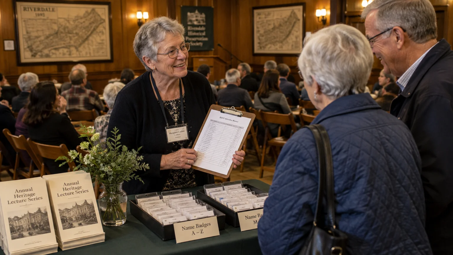A woman holding a clipboard welcomes attendees at a check-in table with name badges and lecture programs.