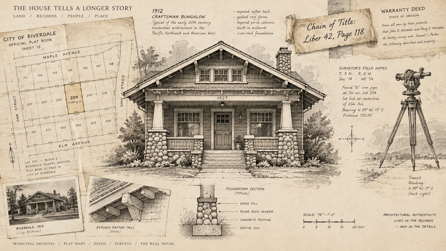 Illustration of a craftsman bungalow with architectural diagrams, a surveyor transit, plat map, and historic warranty deed.
