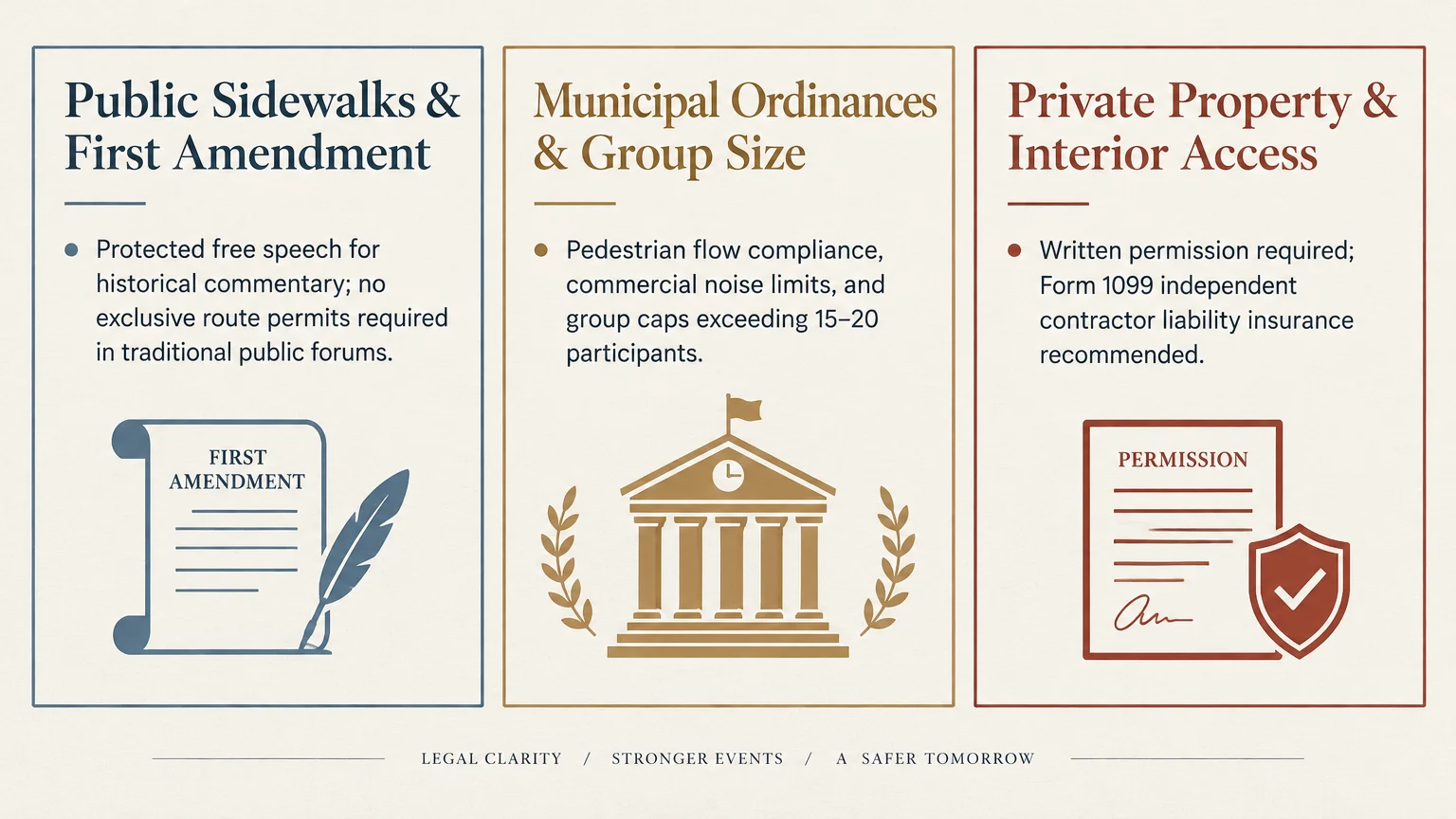 Three-panel infographic outlining legal rules for public sidewalks, municipal group size ordinances, and private property.