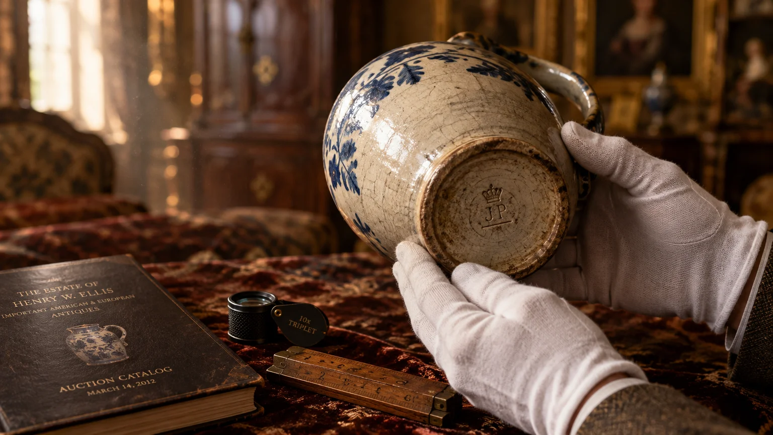 Gloved hands holding an antique ceramic pitcher to inspect the maker's mark on its base beside an auction catalog.