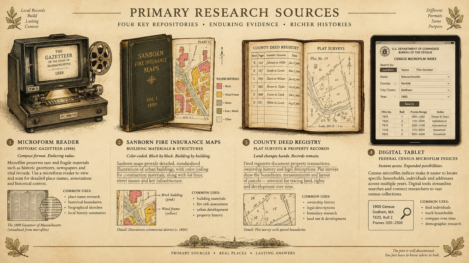 Infographic showing four historical research sources: a microform reader, Sanborn maps, county deed registry, and digital tablet.