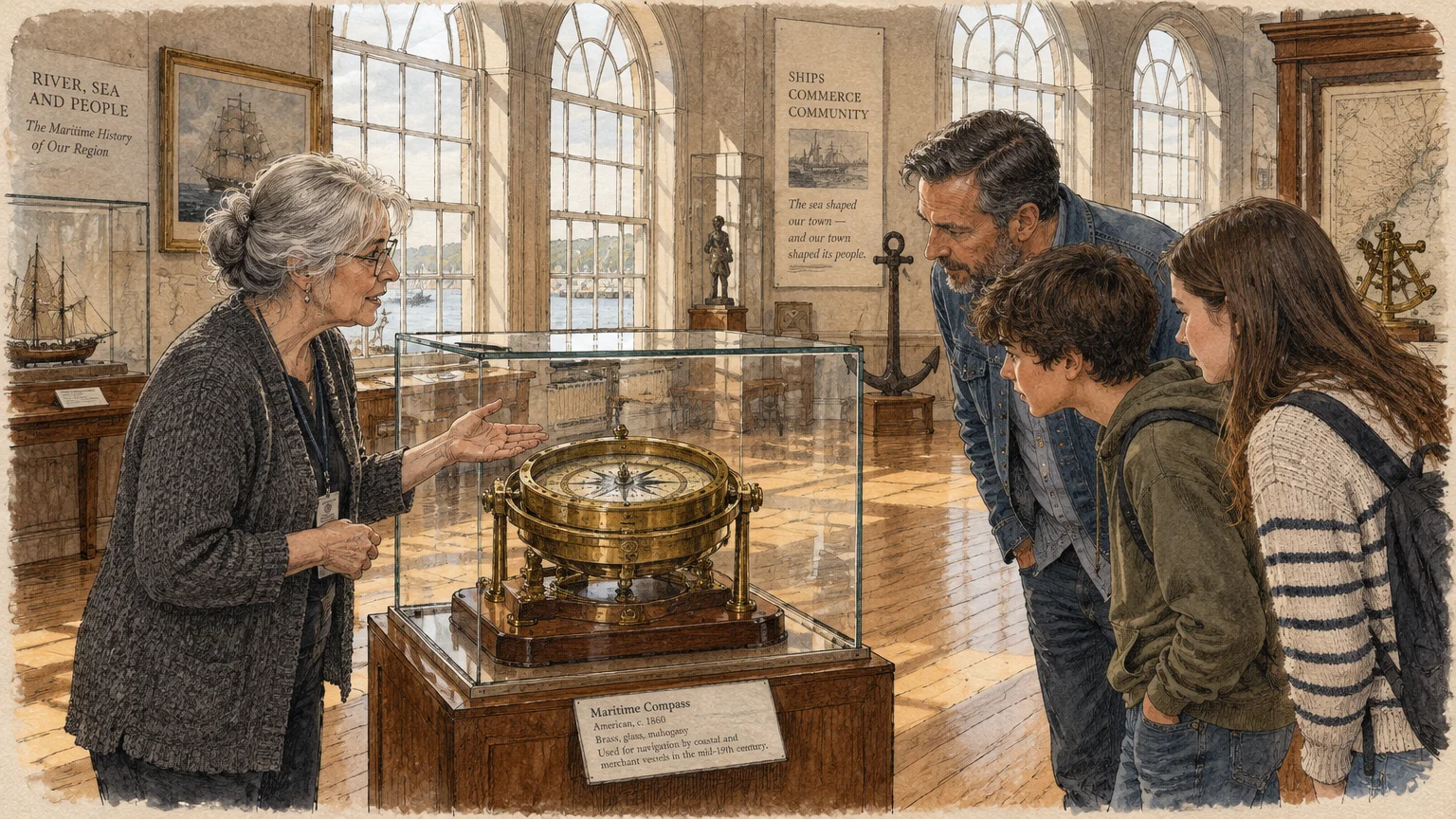 An elderly female docent gestures toward a brass maritime compass inside a glass case for three museum visitors.