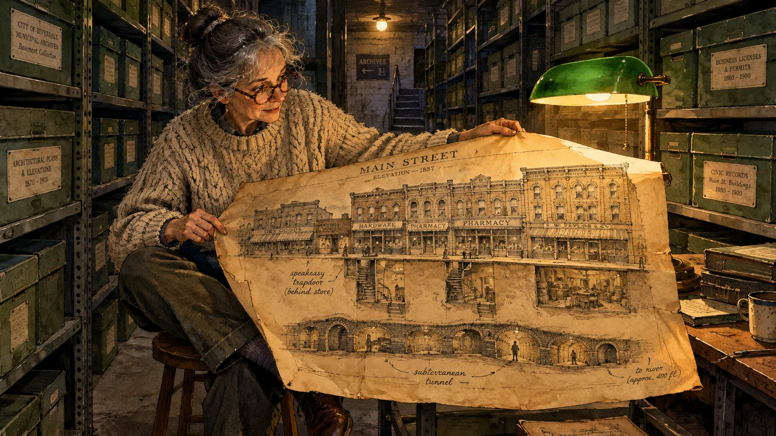 Illustration of an older woman in an archive holding an architectural cross-section blueprint of Main Street and a tunnel.