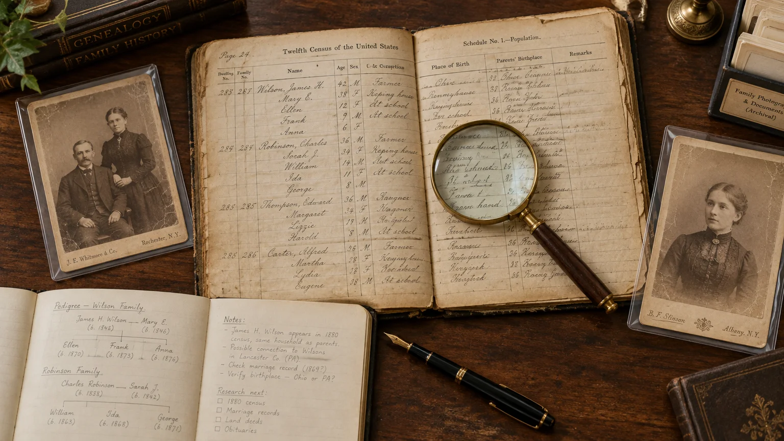 Vintage census ledger with a magnifying glass, vintage portrait photographs, a family tree notebook, and a fountain pen.