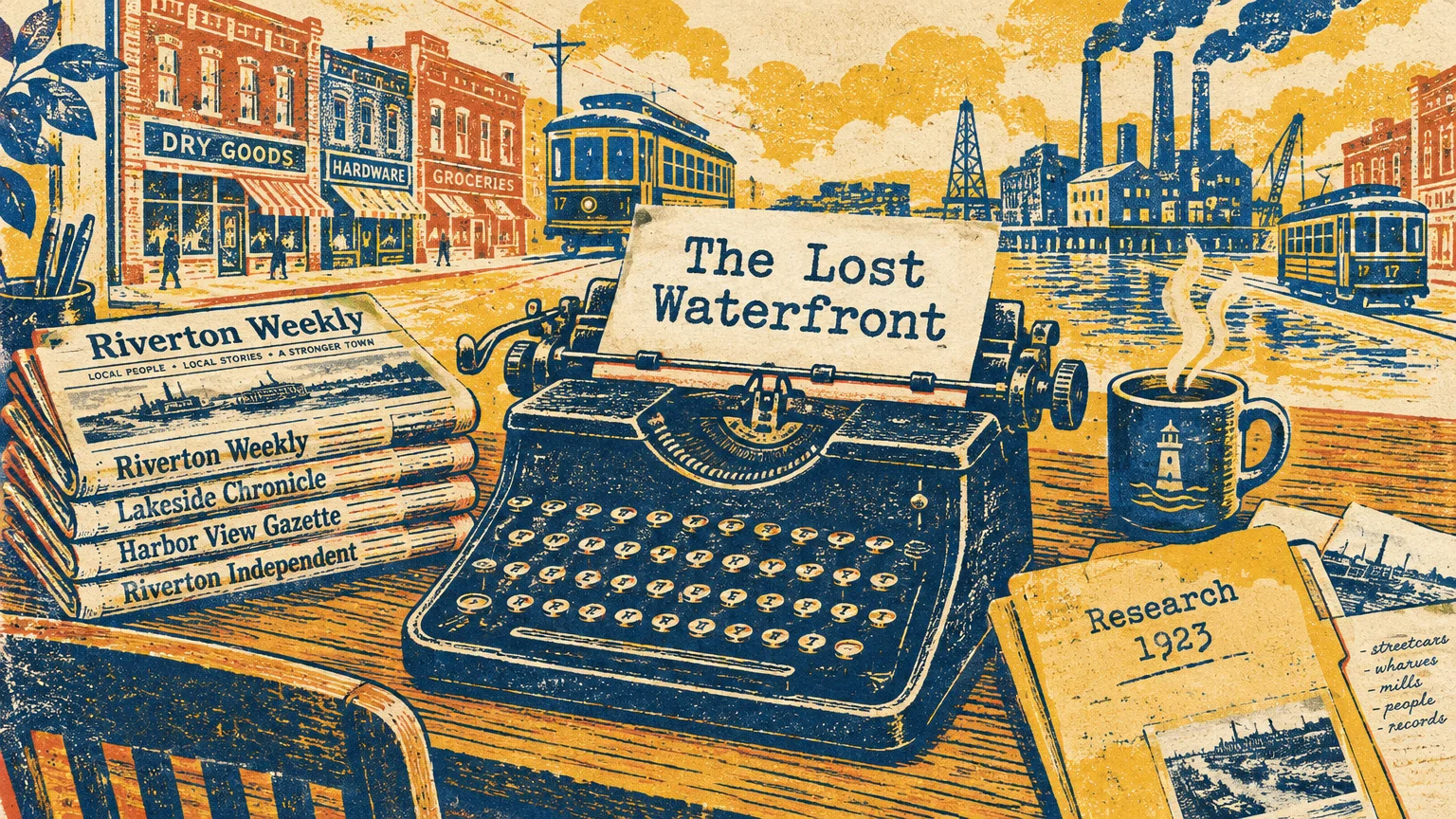 Vintage illustration of a typewriter on a desk beside newspapers and a research folder against a historic waterfront.